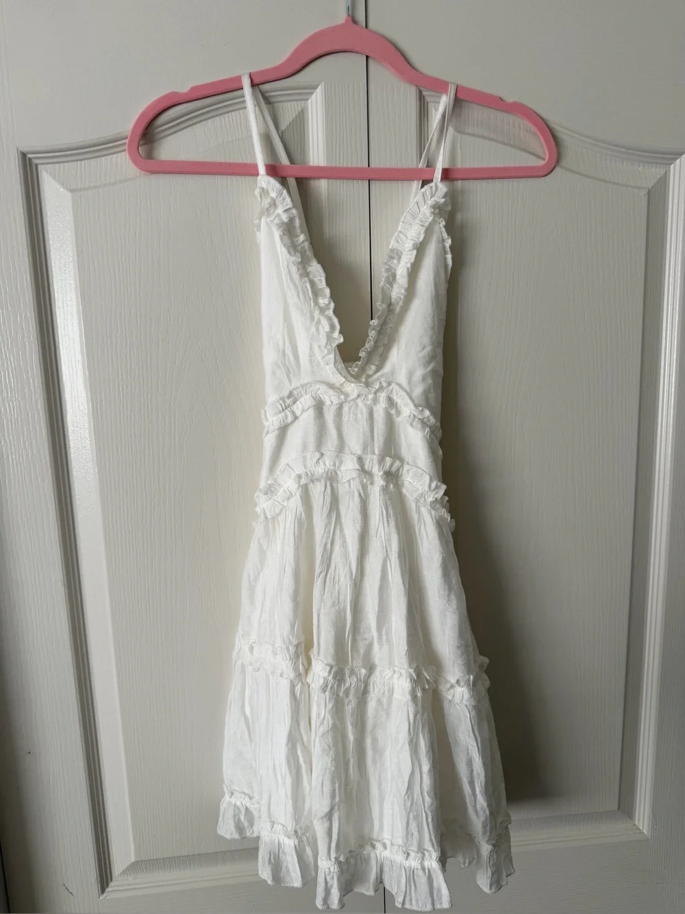 White V-Neck Ruffle Mini Dress - Women's Sleeveless - Picture 5 of 7